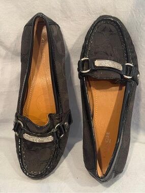 Coach Black Logo Canvas Loafers with Patent Trim